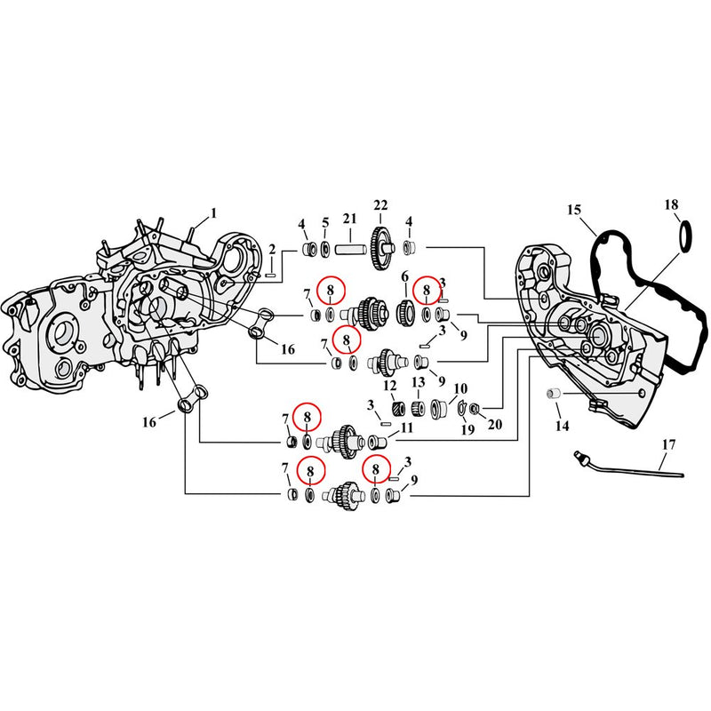 Diagramma delle parti della trasmissione/copertura della camma Vista esplosa per Harley Sportster 54-90