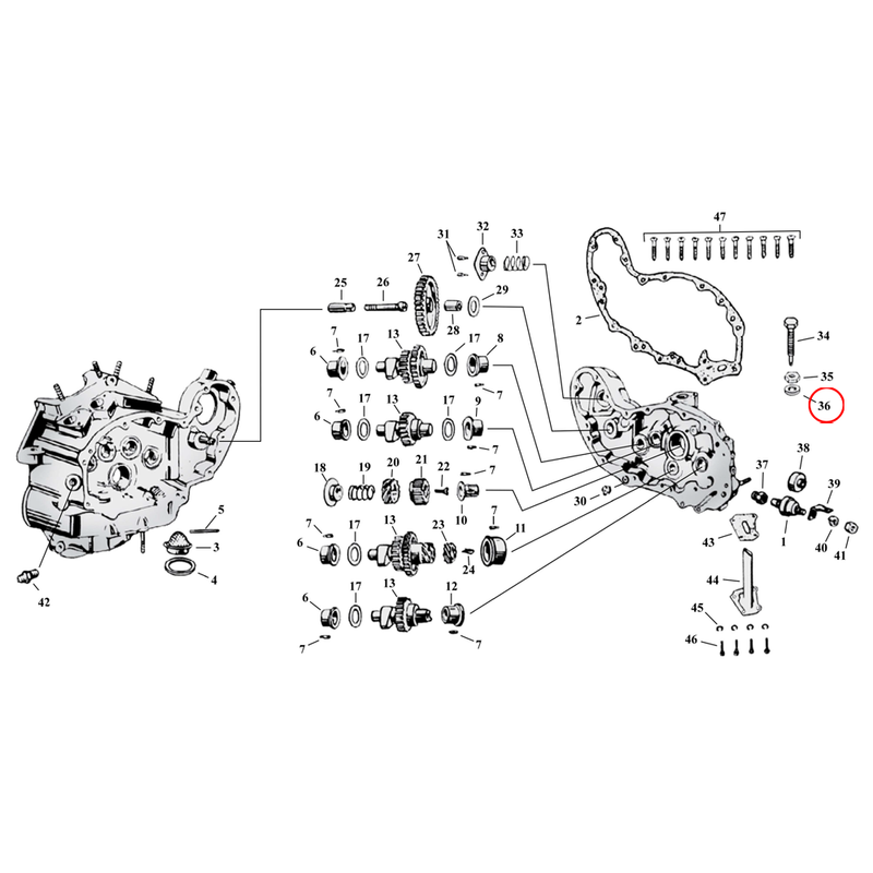 Cam Drive / Cover Parts Diagram Exploded View for Harley 45" Flathead 36) 37-73 45" SV. James, brass washer. Replaces OEM: 6156