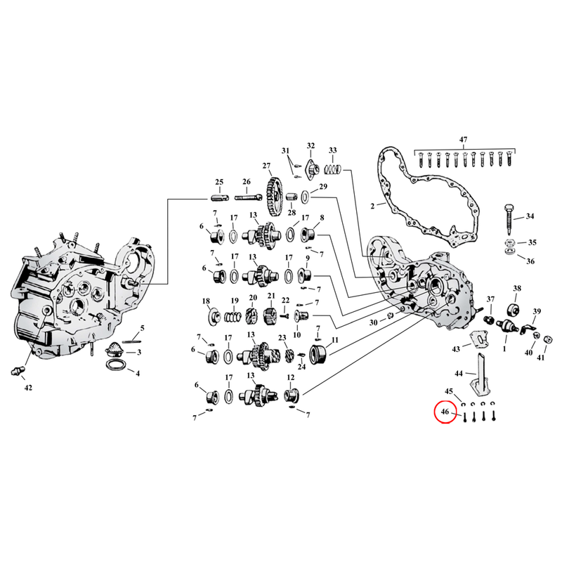 Cam Drive / Cover Parts Diagram Exploded View for Harley 45" Flathead 46) 37-73 45" SV. Screw, breather pipe (4 used, sold each). Replaces OEM: 1202W