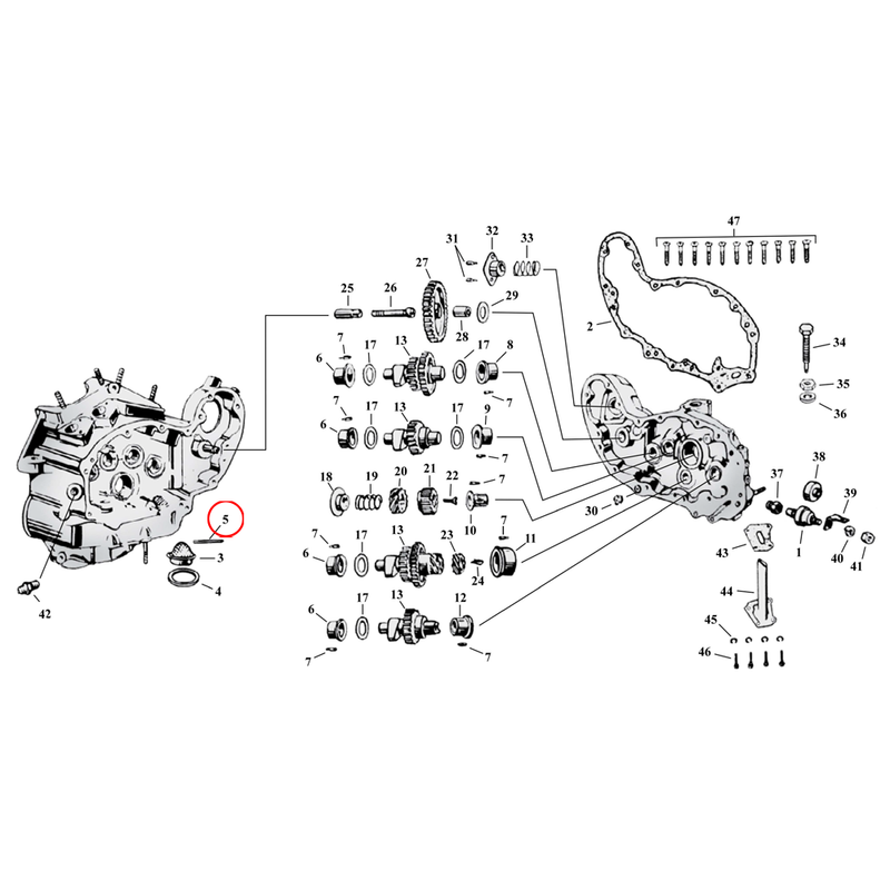 Cam Drive / Cover Parts Diagram Exploded View for Harley 45" Flathead 5) 37-73 45" SV. Pin, oil strainer. Replaces OEM: 333