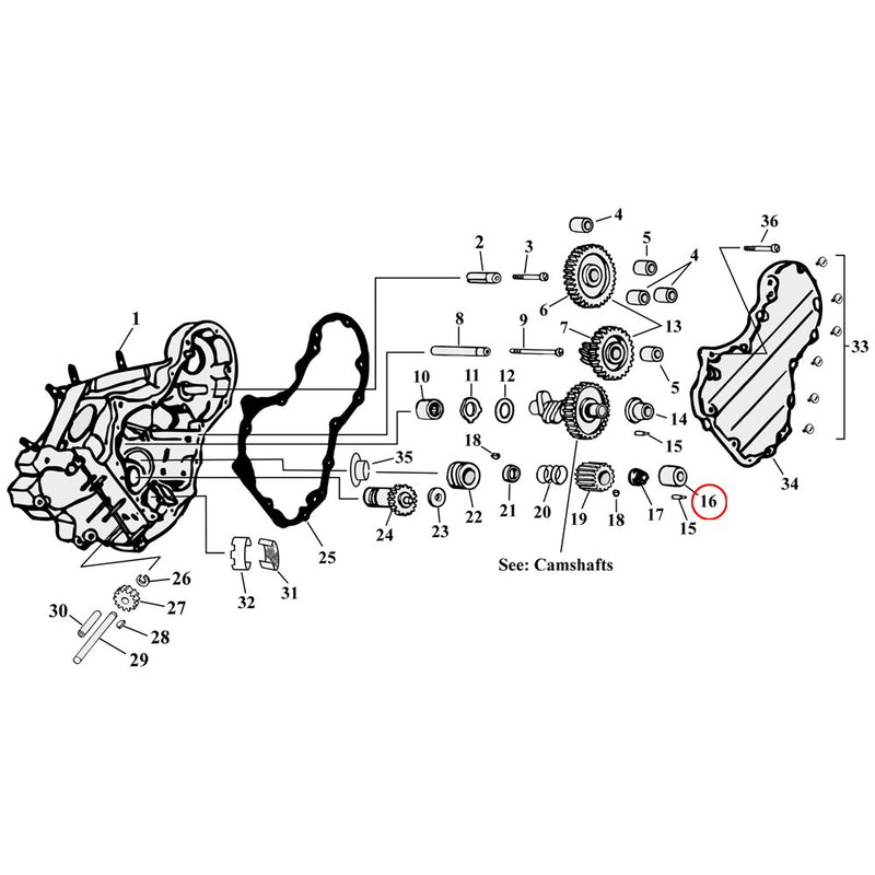 Cam Drive / Cover Parts Diagram Exploded View for Harley Knuckle / Pan / Shovel 16) 36-53 Big Twin. Standard size (1.0015" OD) bushing, pinion shaft. Replaces OEM: 25582-36