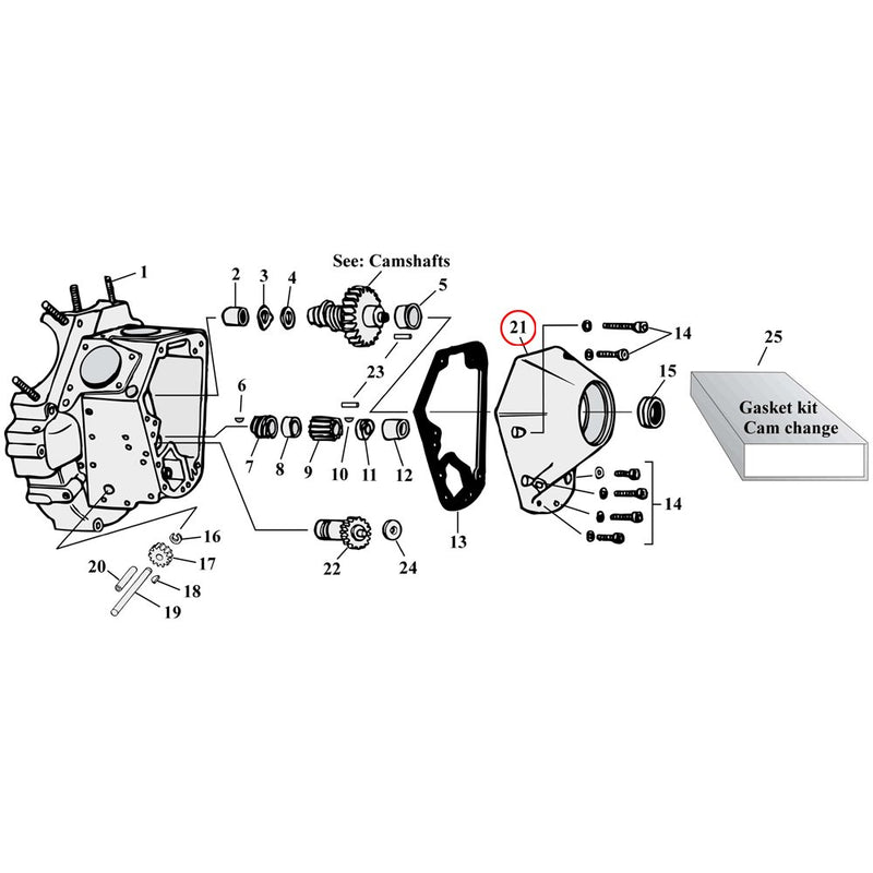 Cam Drive / Cover Parts Diagram Exploded View for Harley Shovelhead & Evolution Big Twin 21) L73-92 Big Twin. Cam cover (Nose cone). Chrome OEM style. Replaces OEM: 25268-84A