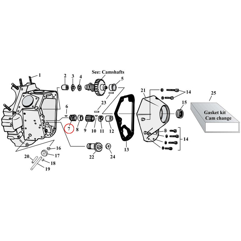 Cam Drive / Cover Parts Diagram Exploded View for Harley Shovelhead & Evolution Big Twin 7) 70-72 Big Twin. 5T drive gear, oil pump. Replaces OEM: 26349-54