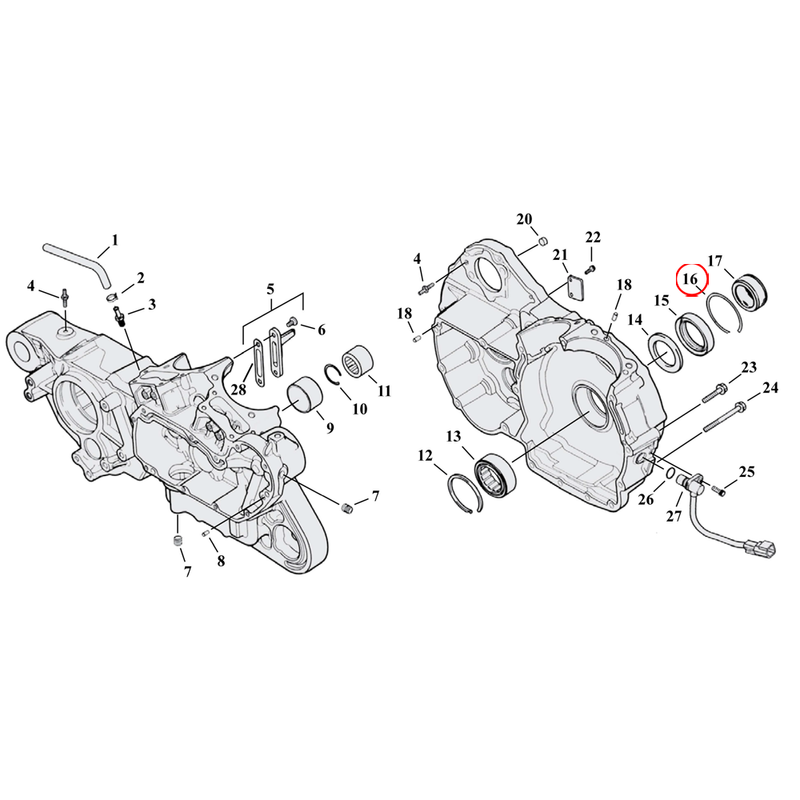 Crankcase Parts Diagram Exploded View for 04-22 Harley Sportster 16) 04-22 XL & XR1200. Retaining ring, sprocket shaft bearing, outer. Replaces OEM: 35118-03