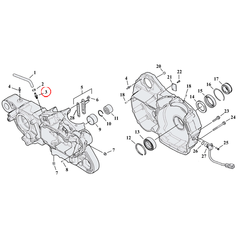 Crankcase Parts Diagram Exploded View for 04-22 Harley Sportster 3) 04-22 XL & XR1200. Chrome oil line fitting vent, straight. Replaces OEM: 63533-41A