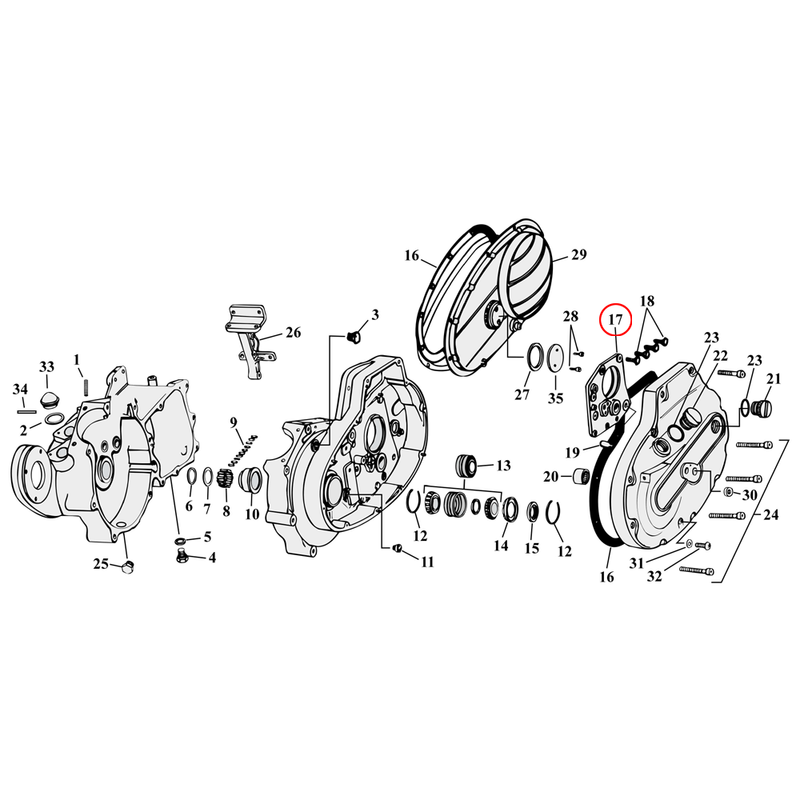 Crankcase Parts Diagram Exploded View for 54-76 Harley Sportster 17) 57-L84 XL. Transmission door. Replaces OEM: 34844-57B