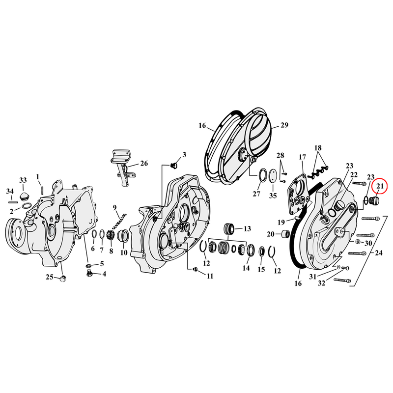 Crankcase Parts Diagram Exploded View for 54-76 Harley Sportster 21) 71-76 XL. Plug, clutch adjustment hole. Hex style. Replaces OEM: 37880-71