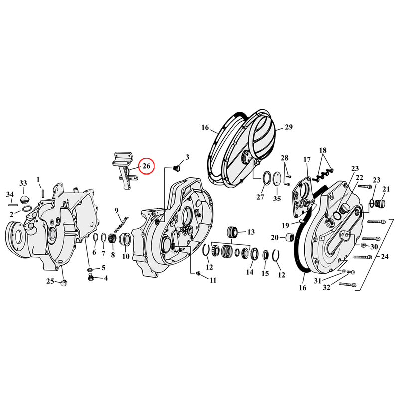 Crankcase Parts Diagram Exploded View for 54-76 Harley Sportster 26) 67-81 XLH; 70-81 XLCH. Motor mount, rear. Replaces OEM: 16203-67