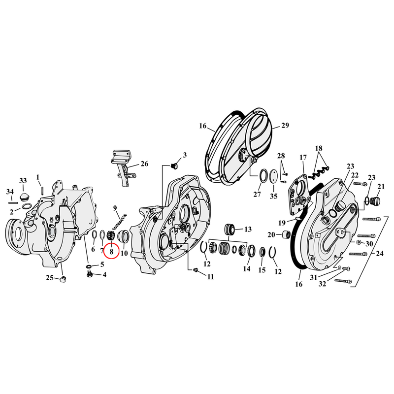 Crankcase Parts Diagram Exploded View for 54-76 Harley Sportster 8) 54-76 K, XL. Retainer, pinion shaft rollers. Replaces OEM: 24718-54