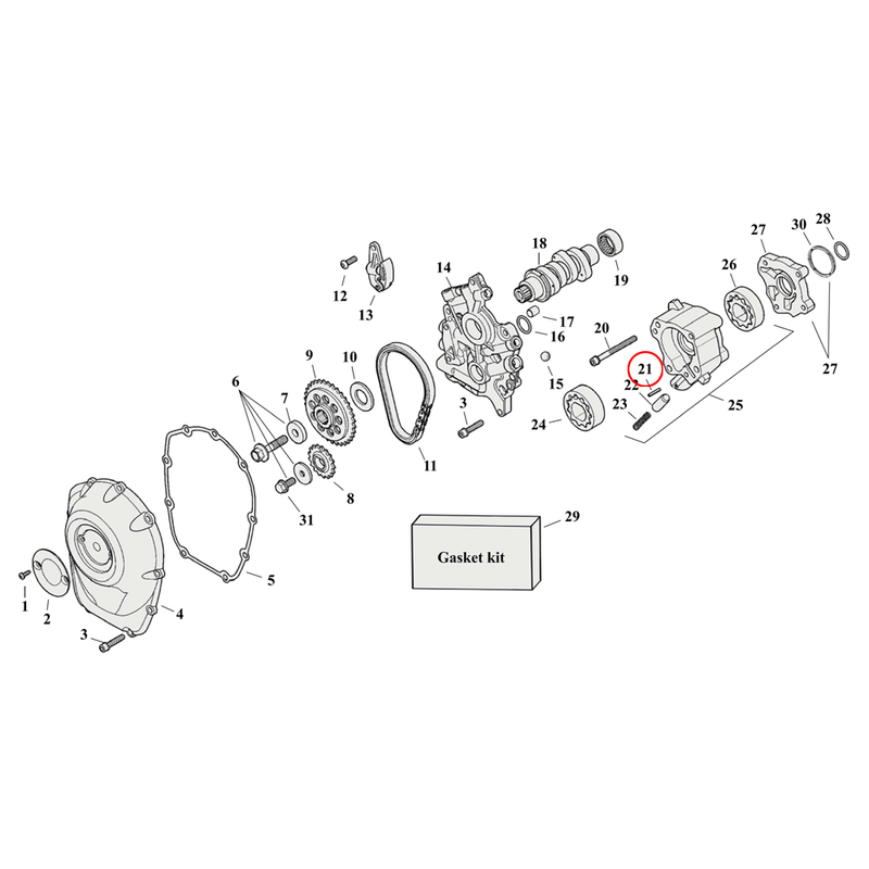 Crankcase Parts Diagram Exploded View for Harley Twin Cam Touring / Dyna 21) 99-02 TCA/B. Spacer, sprocket shaft bearing .106". Replaces OEM: 9127