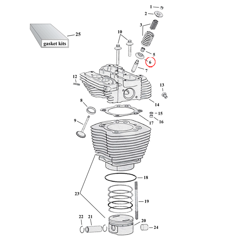 Cylinder Parts Diagram Exploded View for Harley Twin Cam 6) 99-04 TCA/B. Manley steel valve spring collars, lower (set of 4). Replaces OEM: 18222-83