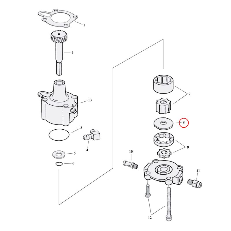 Oil Pump Parts Diagram Exploded View for 91-22 Harley Sportster 8) 91-06 XL. Separator plate, gerotor.