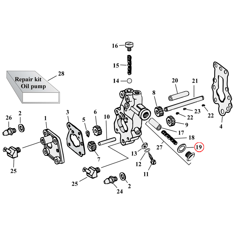 Oil Pump Parts Diagram Exploded View for Harley Knuckle / Pan / Shovel 19) 54-E78 Big Twin. Brass seal washer. Replaces OEM: 6581