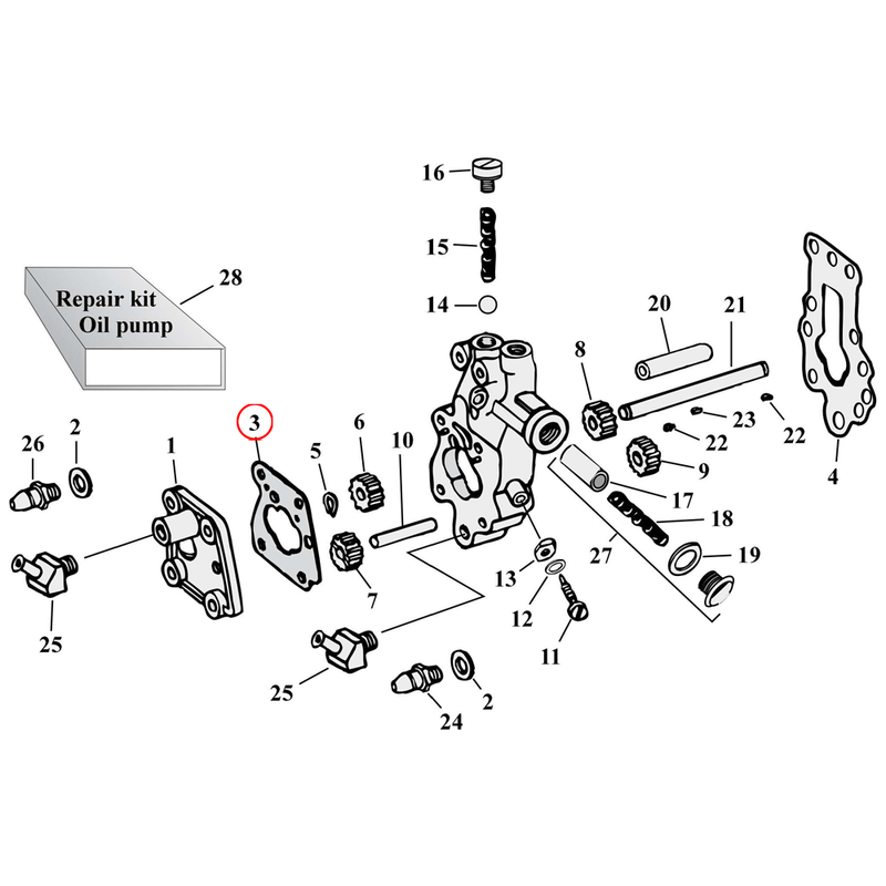 Oil Pump Parts Diagram Exploded View for Harley Knuckle / Pan / Shovel 3) 41-49 E, EL, FL. James gasket, cover plate to body (paper). Replaces OEM: 26255-41