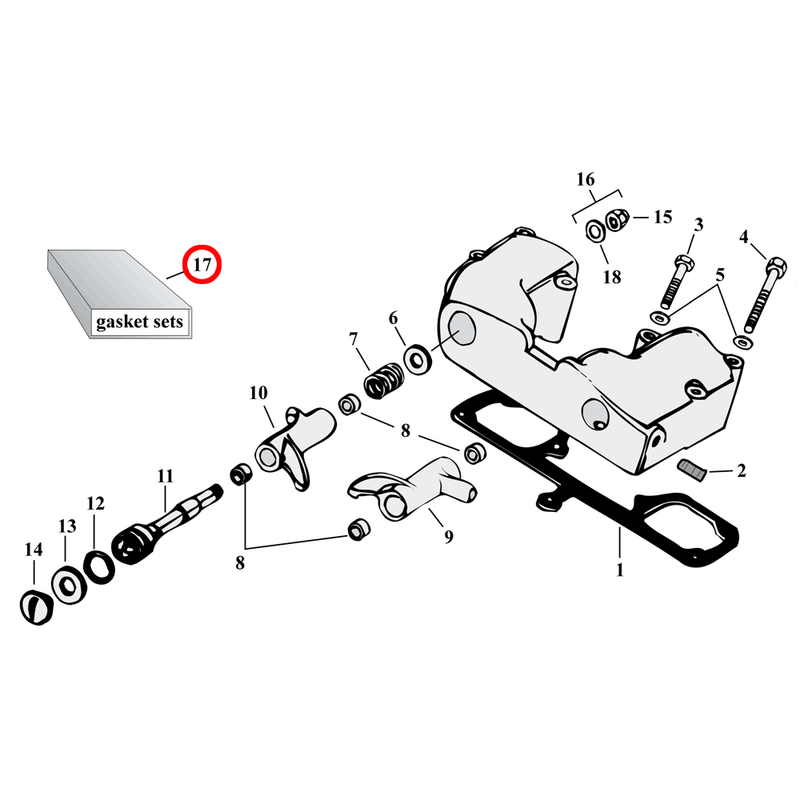 Rocker Box Parts Diagram Exploded View for 57-85 Harley Sportster 17) 57-71 XL 900. James top end gasket set incl. head and cylinder base gaskets. Replaces OEM: 17030-57