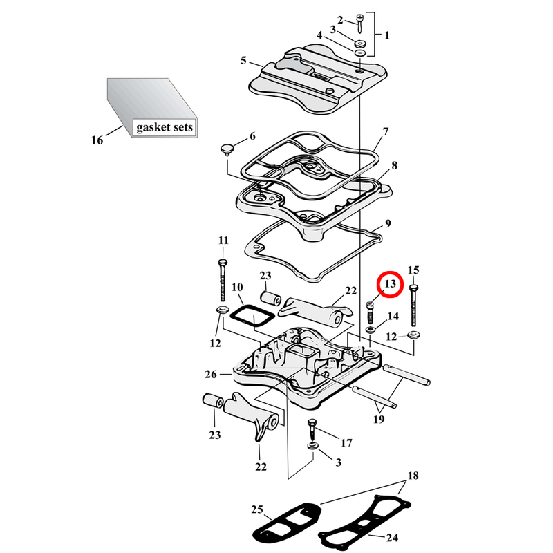 Rocker Box Parts Diagram Exploded View for 86-03 Harley Sportster 13) 86-03 XL. Allen bolt, chrome (set of 5). 1/4-20 x 1 1/2". Replaces OEM: 3481 & 4718A