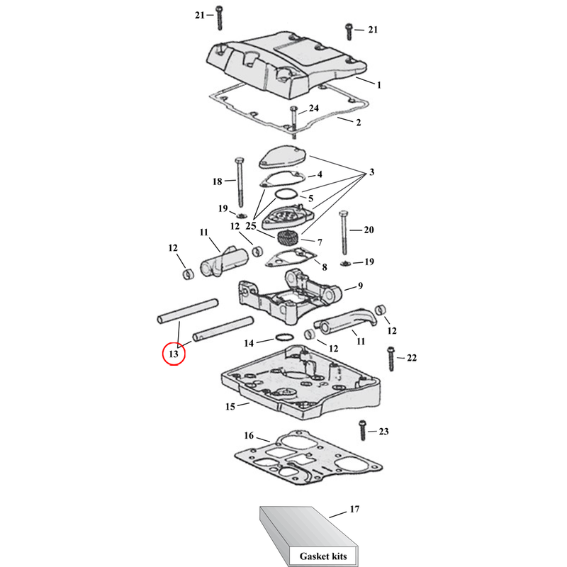 Rocker Box Parts Diagram Exploded View for Harley Twin Cam 13) 99-17 TCA/B. S&S rocker arm shaft. Replaces OEM: 17611-83