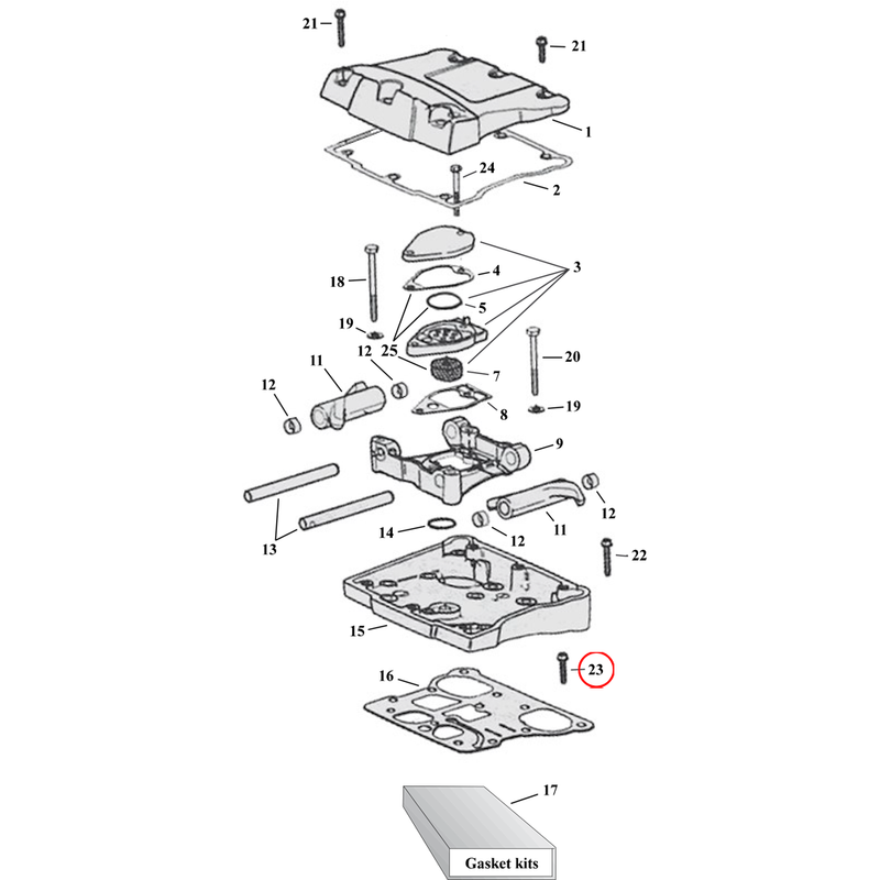 Rocker Box Parts Diagram Exploded View for Harley Twin Cam 23) 99-17 TCA/B. Flanged bolt.