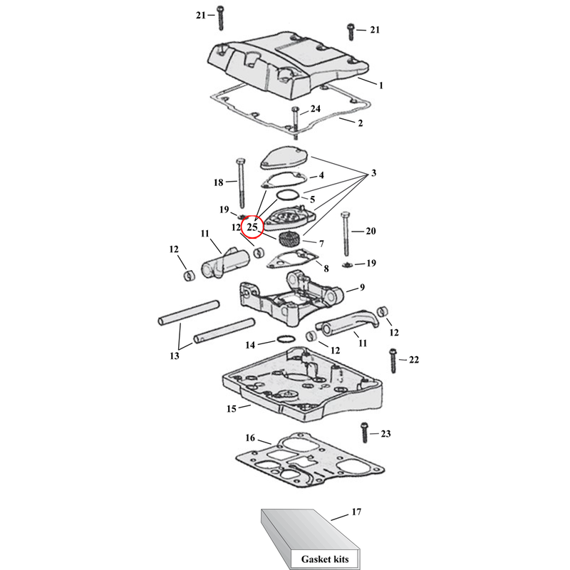 Rocker Box Parts Diagram Exploded View for Harley Twin Cam 25) 11-17 TCA/B. James, breather assembly rebuild kit. Incl. gasket, umbrella valves & filters.