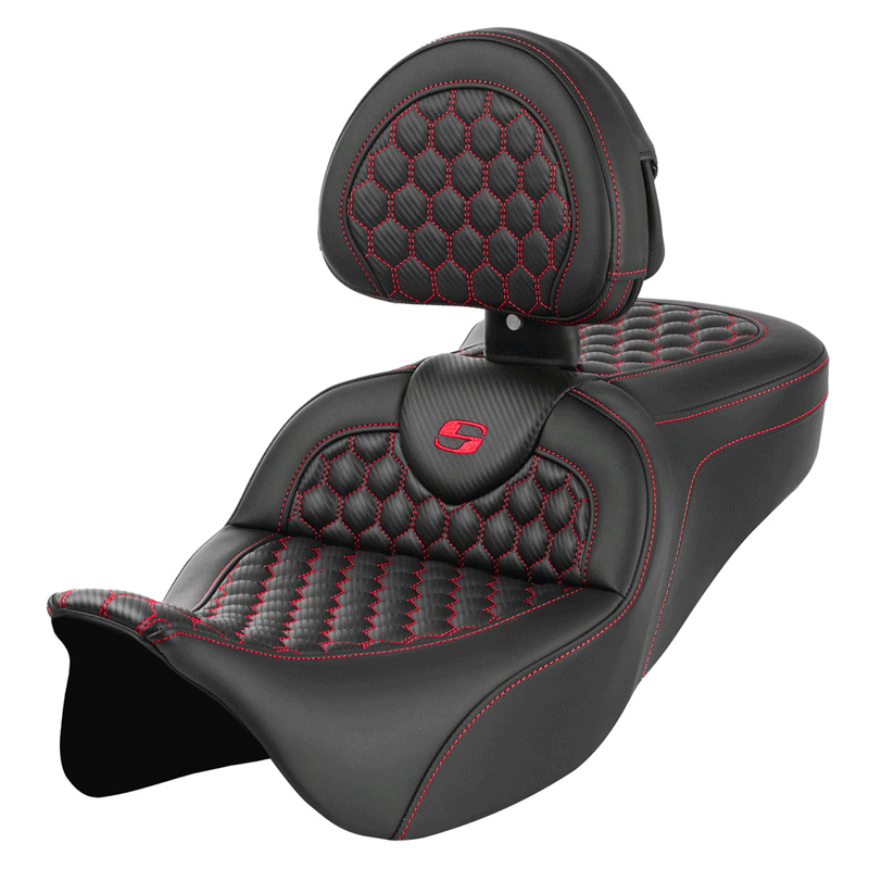 Saddlemen Roadsofa Honeycomb Seat for Harley 08-25 Touring (excl. 23-25 CVO; 24-25 Road Glide / Street Glide) / Black / Red / Without heating / With backrest  - Customhoj
